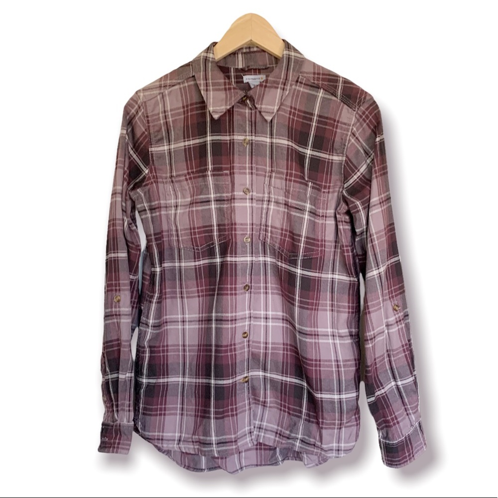 Carhartt Women's Cotton Plaid Button Up Top Roll Tab Sleeves S